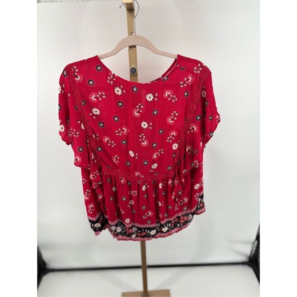 J. Jill Floral Flutter Sleeve Peasant Blouse Lace Trim Size 2X Red - Picture 8 of 11